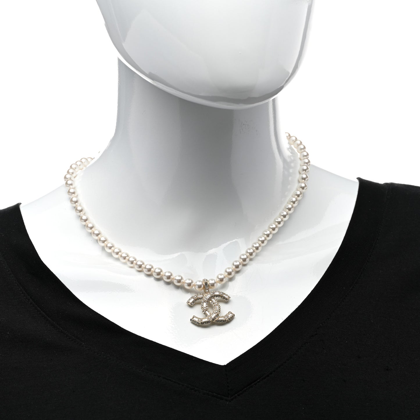 Pearl Crystal Baguette CC Short Necklace Gold