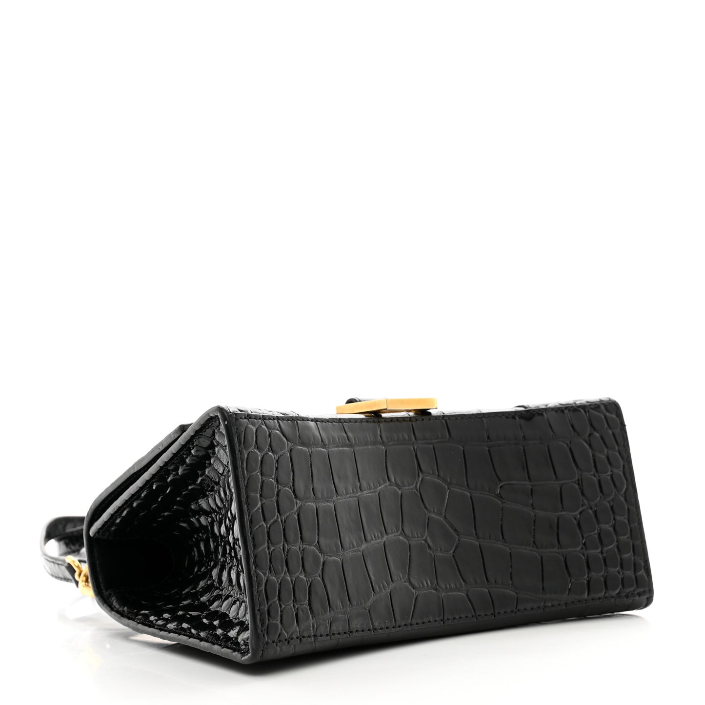 Shiny Calfskin Crocodile Embossed Small Hourglass Top Handle Bag Black