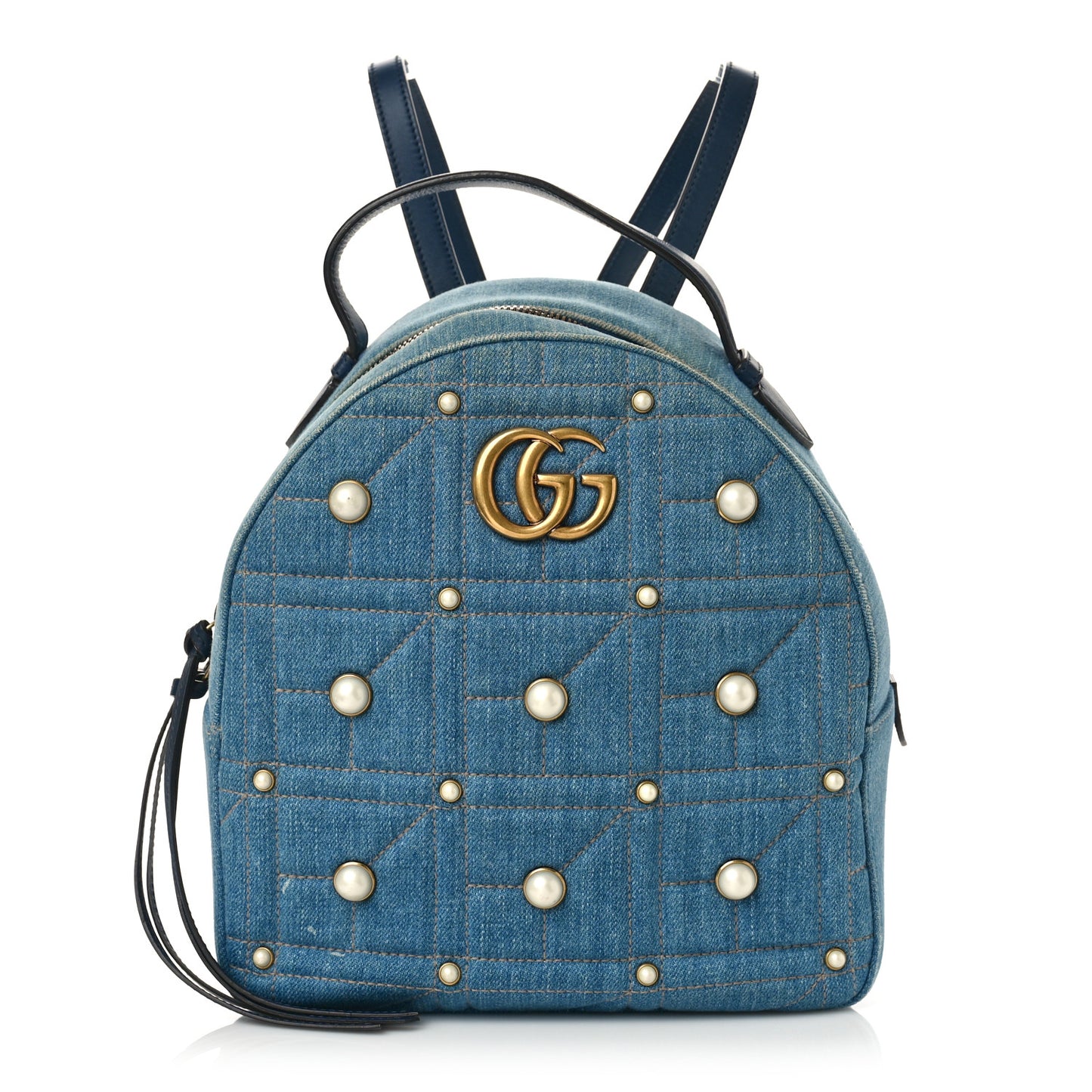 Kura Denim Matelasse Cubic Pearl Studded GG Marmont Dome Backpack Blue