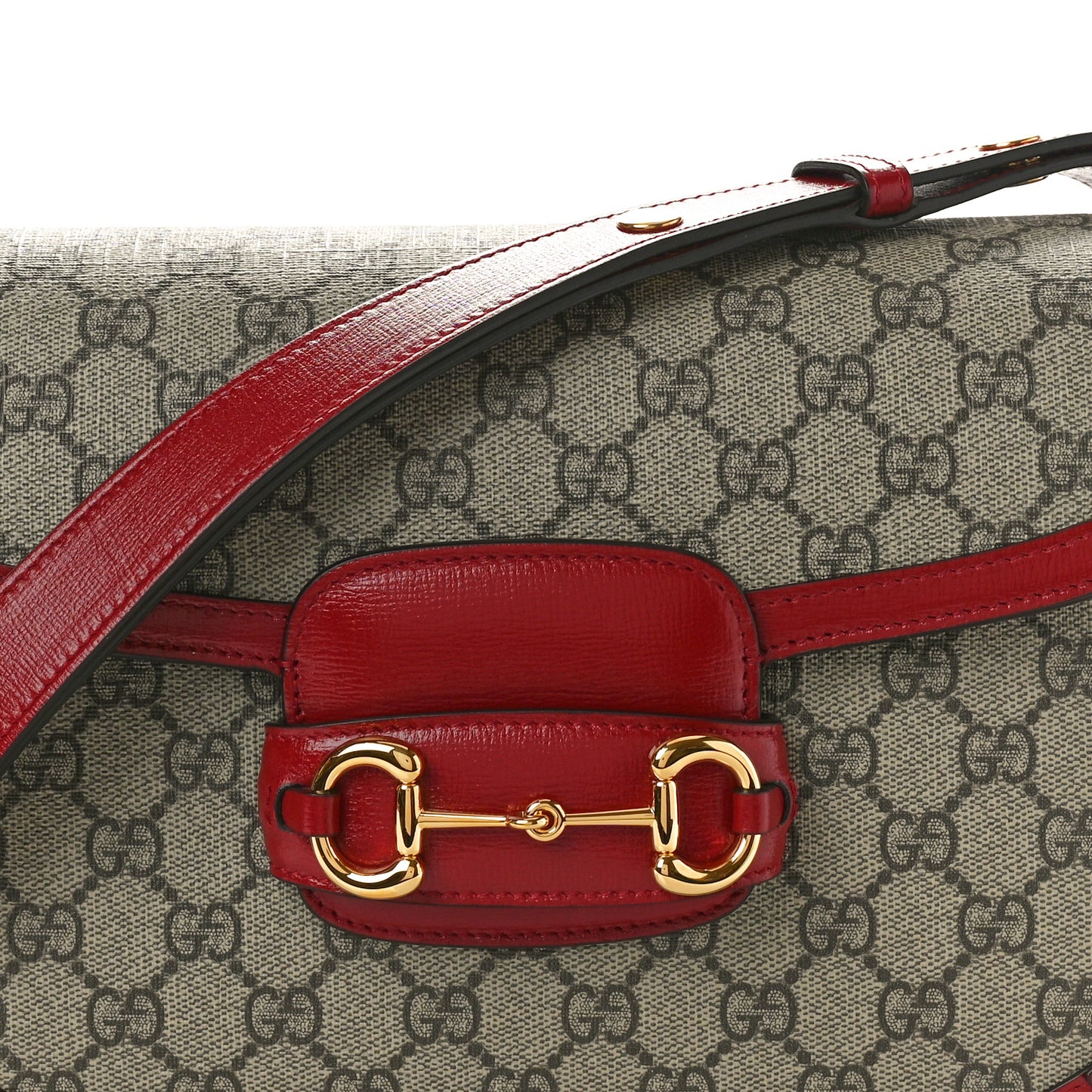 GG Supreme Monogram Azalea Calfskin Horsebit 1955 Shoulder Bag Beige Ebony New Cherry Red