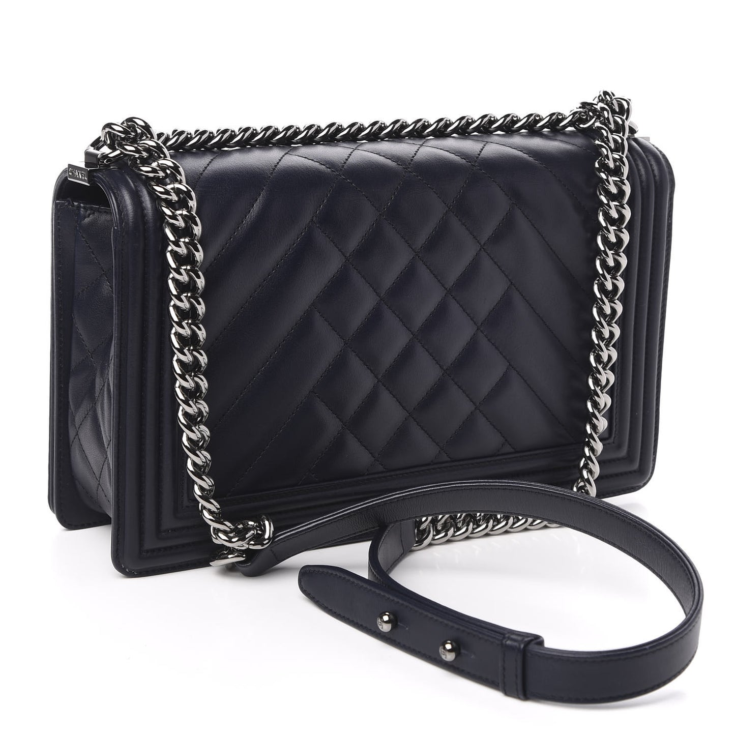 Calfskin Chevron Quilted New Medium Boy Flap Navy Blue