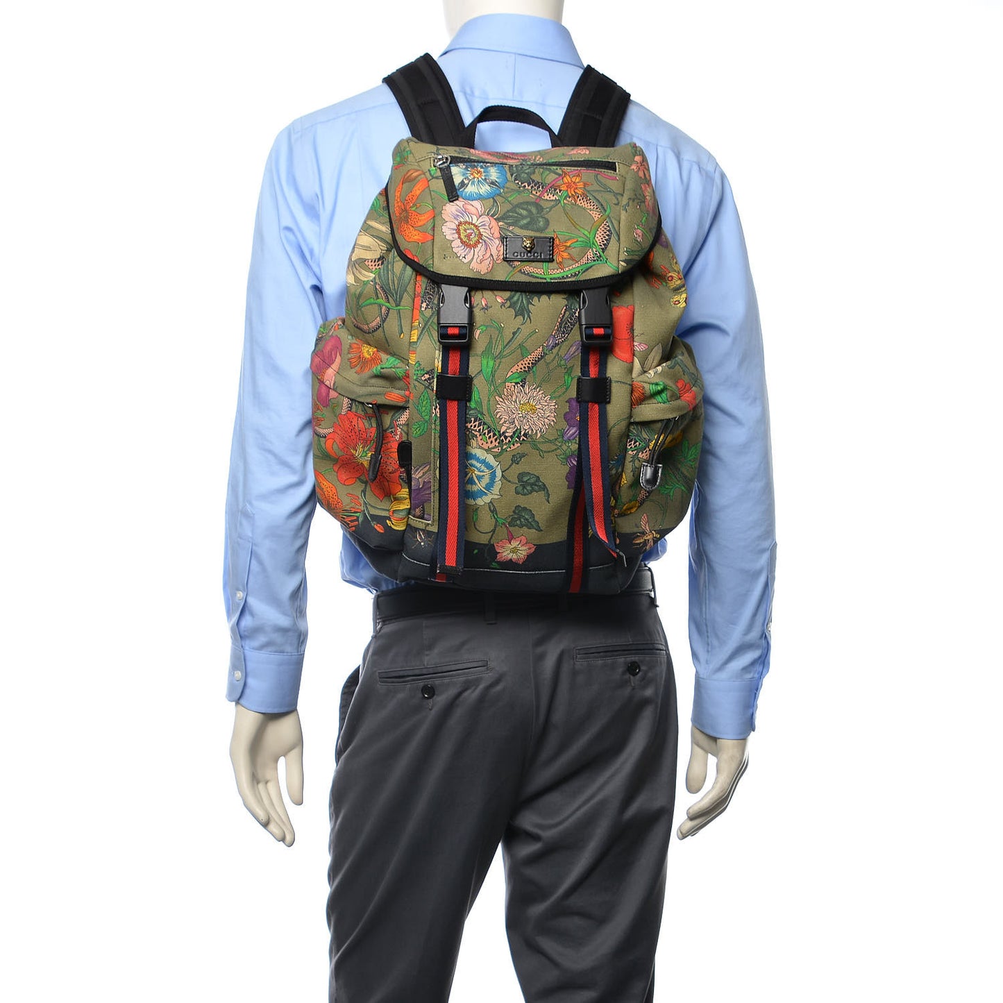 Canvas Floral Snake Double Buckle Backpack Green