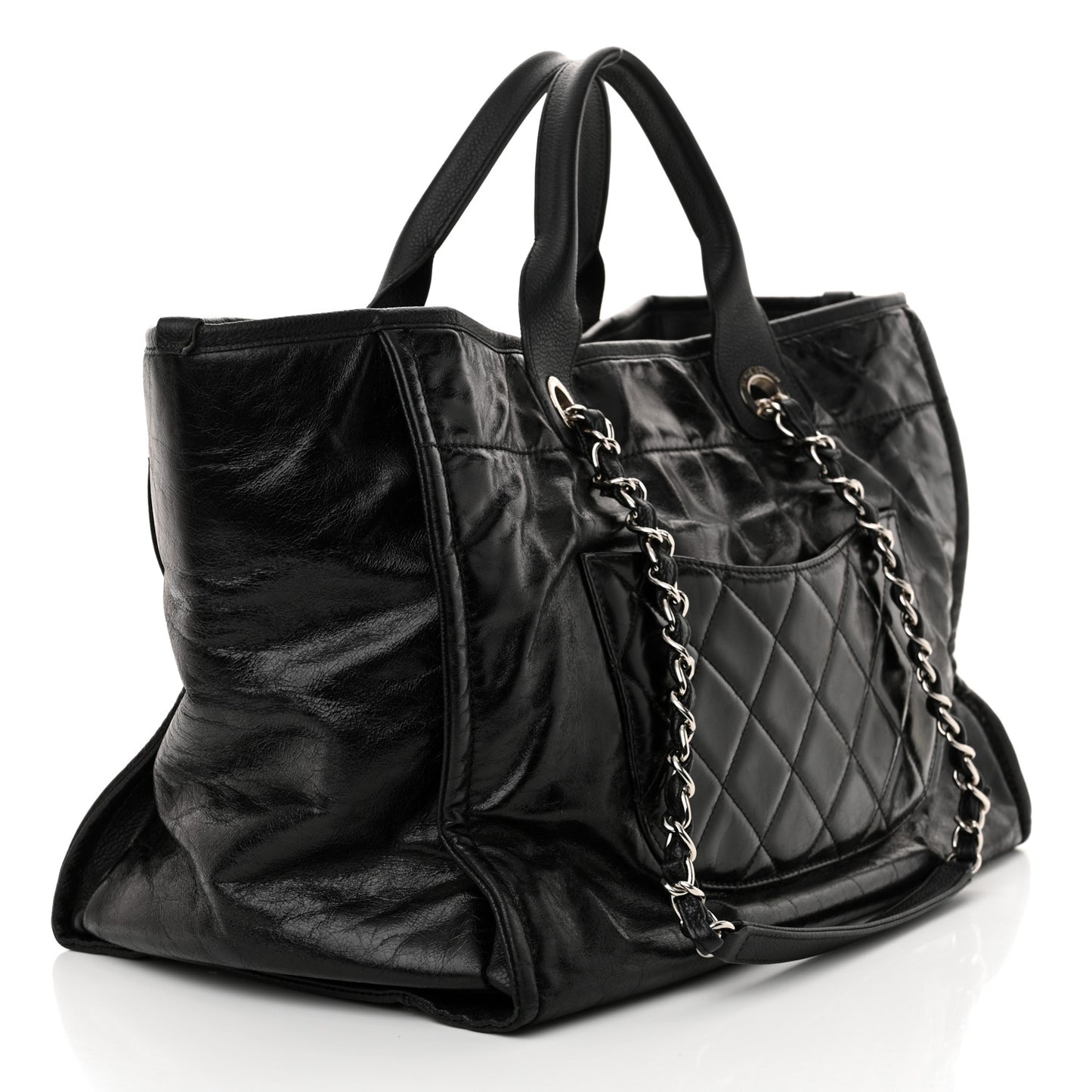 Glazed Calfskin Medium Deauville Tote Black