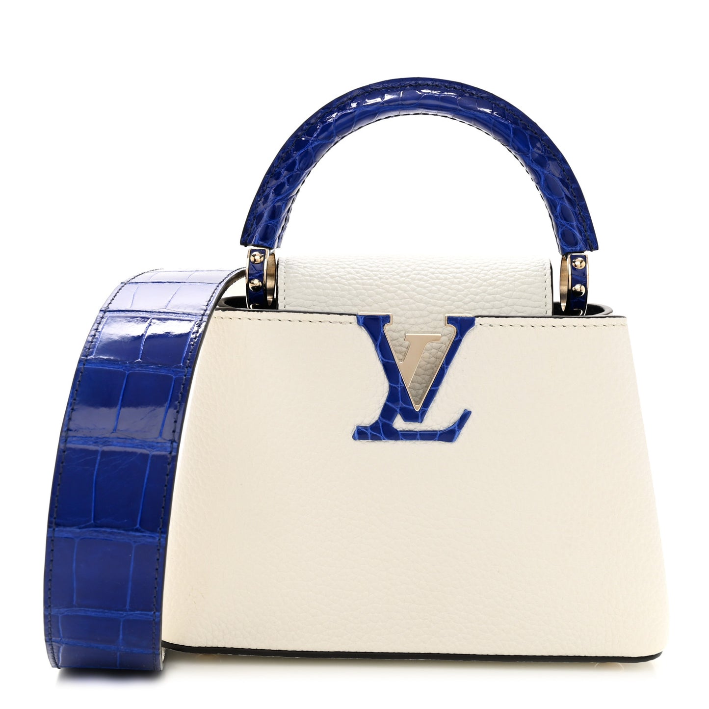 Taurillon Crocodile Capucines Mini White Bleu Santorin