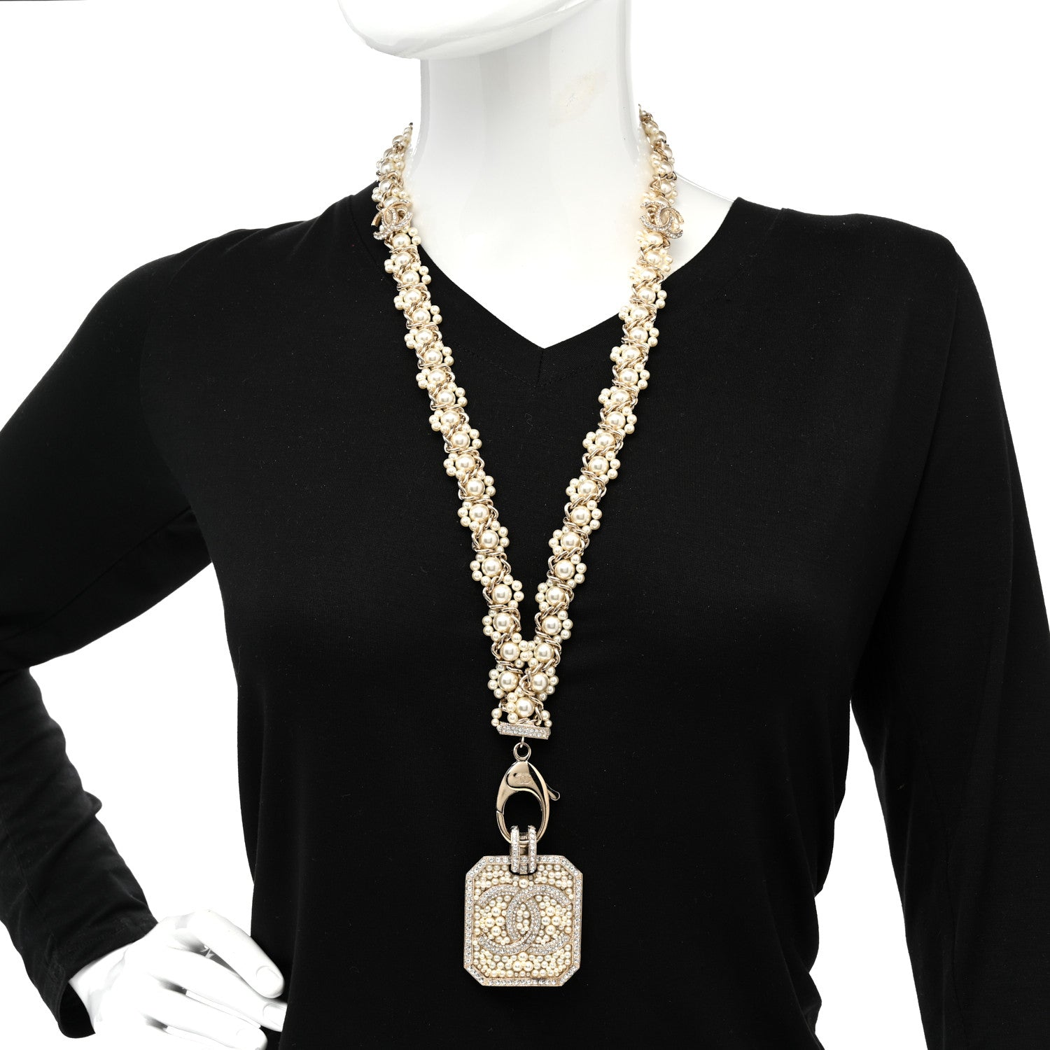 Chanel Pearl Crystal CC Pendant Lanyard Necklace Gold 2 of 9