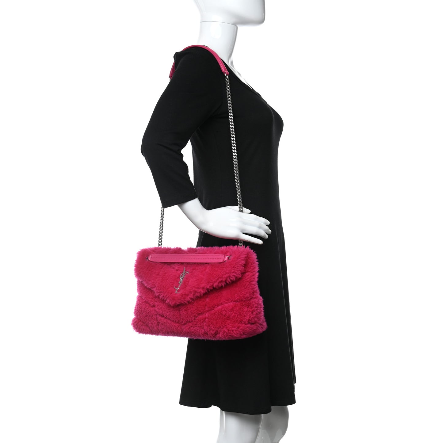 Merino Shearling Lambskin Quilted Small Loulou Puffer Monogram Chain Satchel Fuchsia