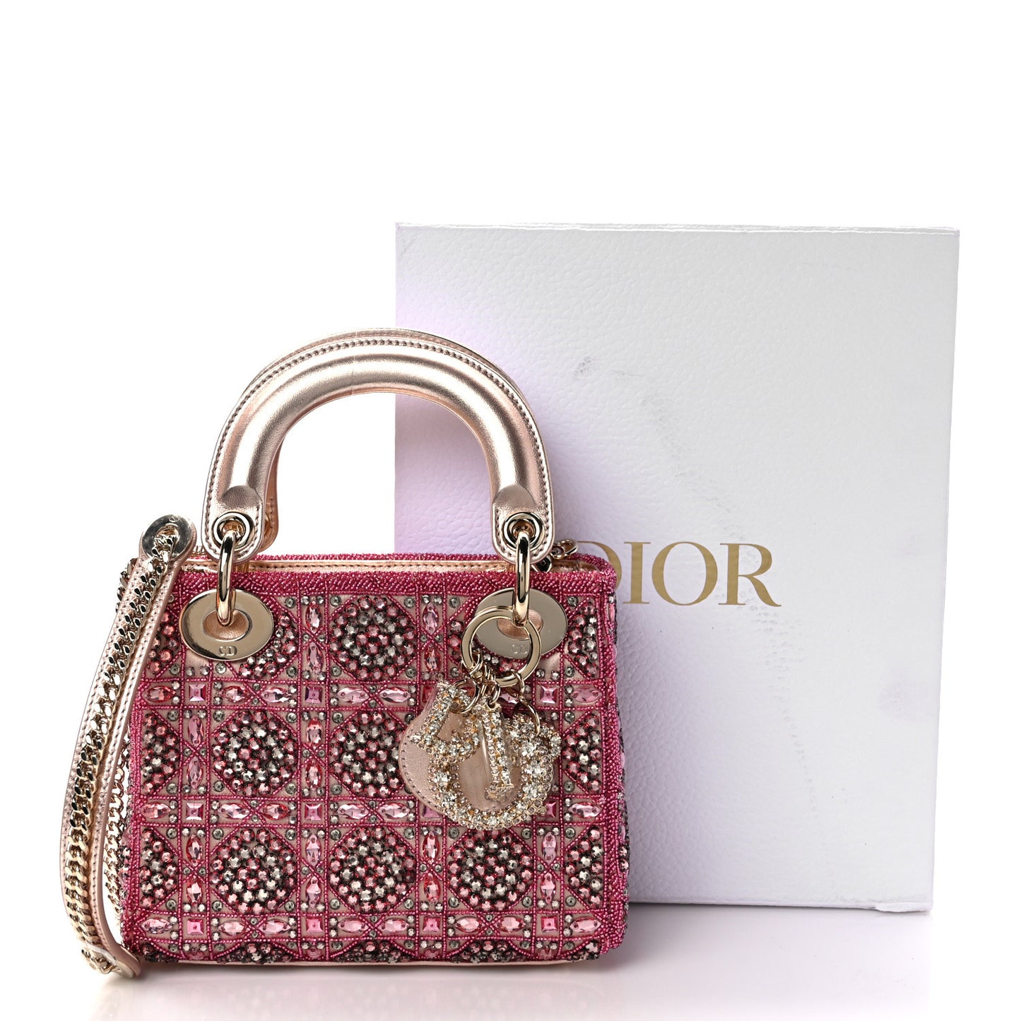 Metallic Calfskin Satin Celestial Bead Embroidery Cannage Mini Lady Dior Rose Des Vents
