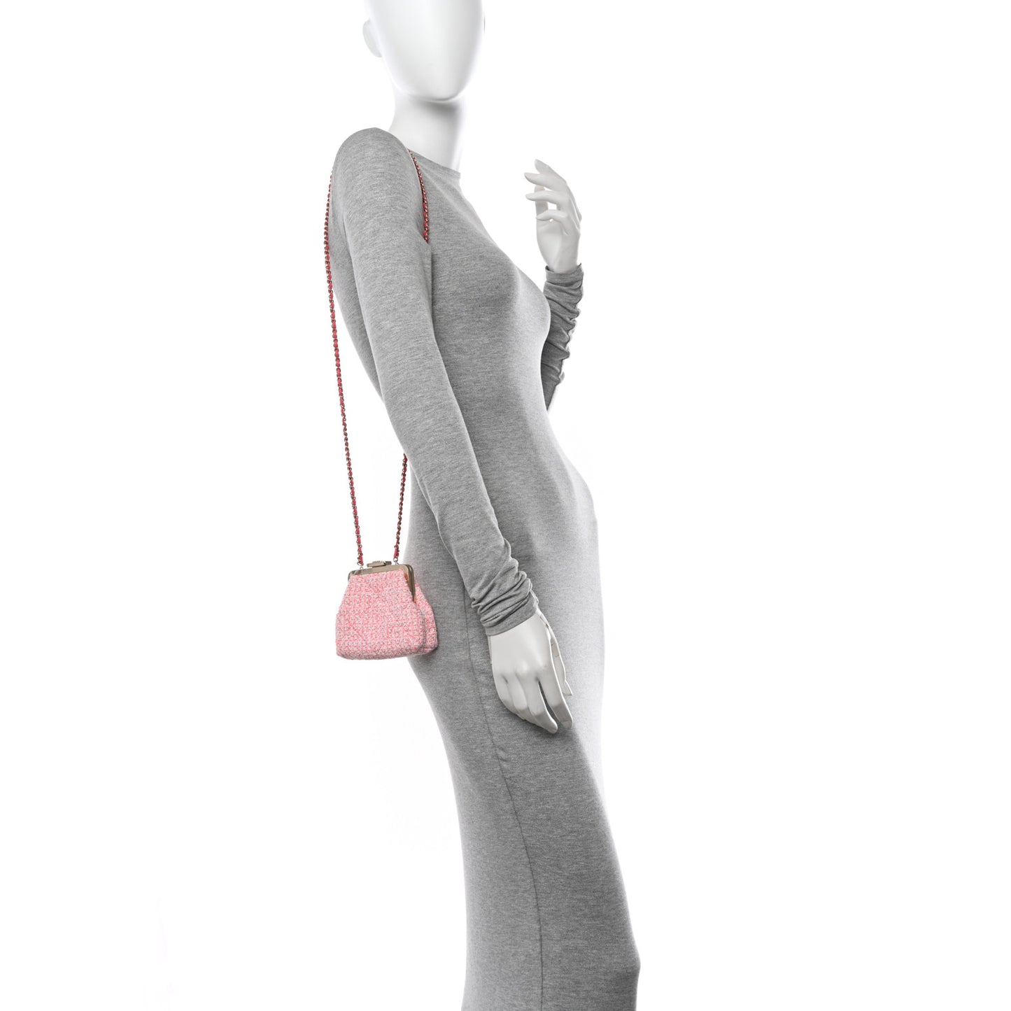 Tweed Kiss Lock Phone Holder With Chain Pale Pink Ecru
