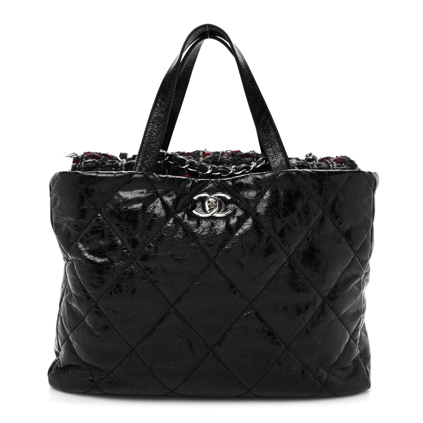 Glazed Calfskin Quilted Tweed Portobello Tote Black Red