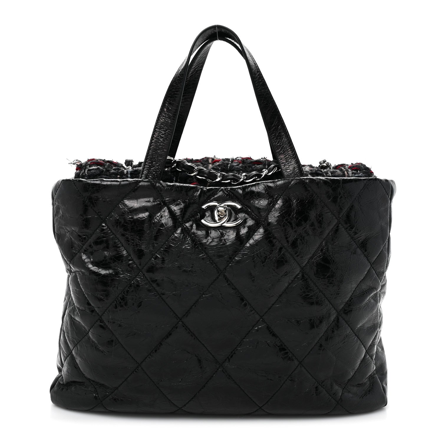Chanel Glazed Calfskin Quilted Tweed Portobello Tote Black Red 1 of 16
