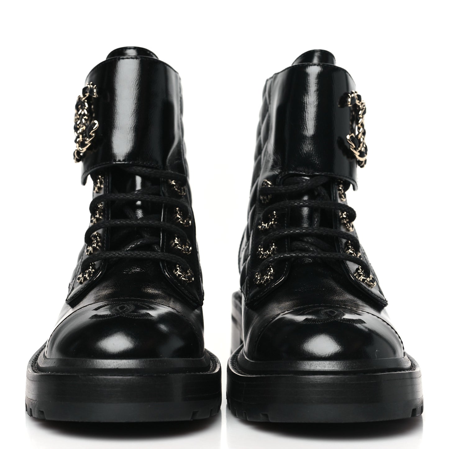 Shiny Goatskin Calfskin Quilted Lace Up Combat Boots 36 Black