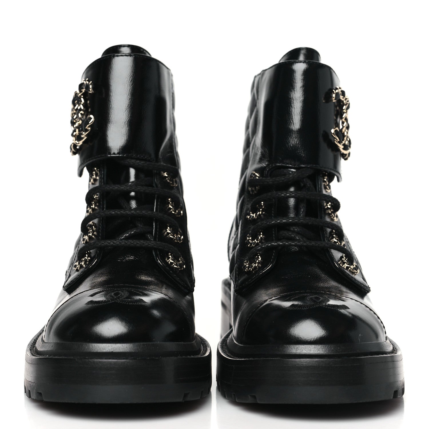 Chanel Shiny Goatskin Calfskin Quilted Lace Up Combat Boots 36 Black 2 of 8