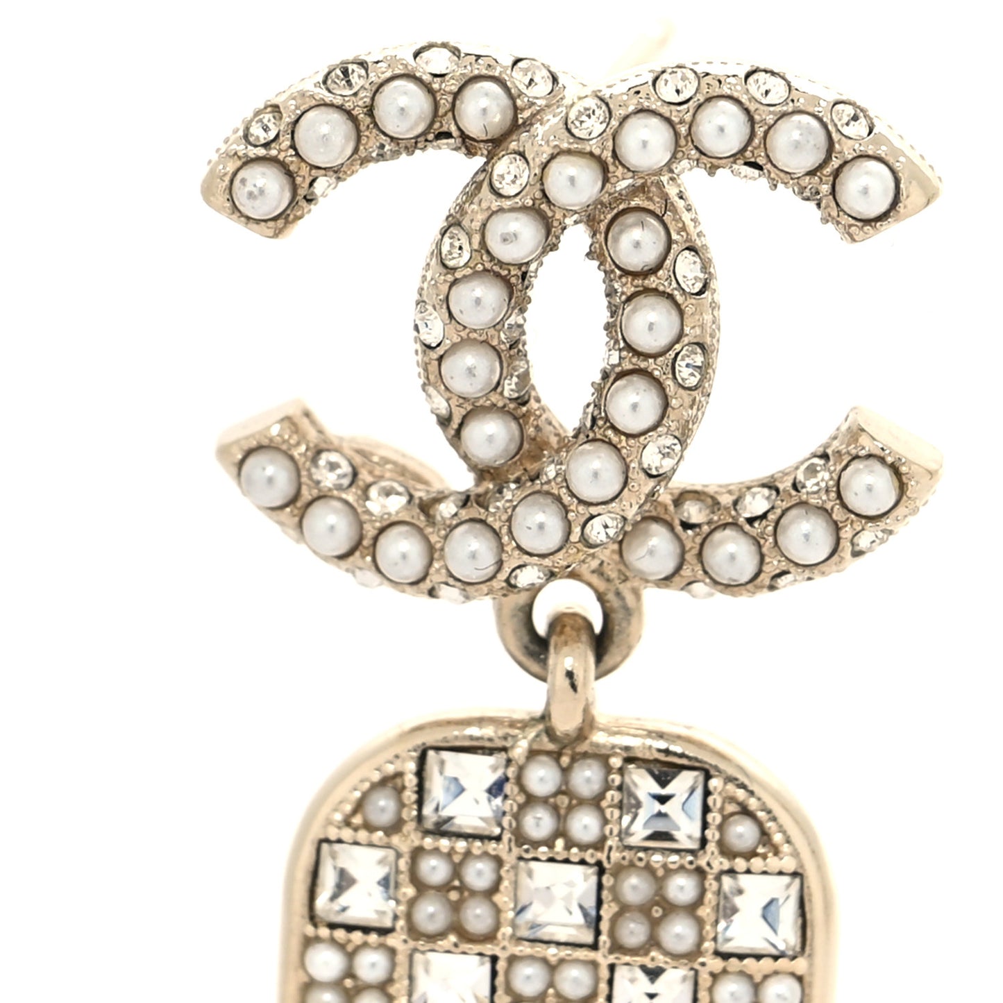 Pearl Baguette Crystal CC Drop Earrings Gold