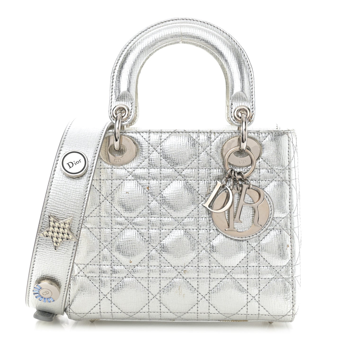 Metallic Lambskin Cannage Small Lucky Badges Lady Dior Silver