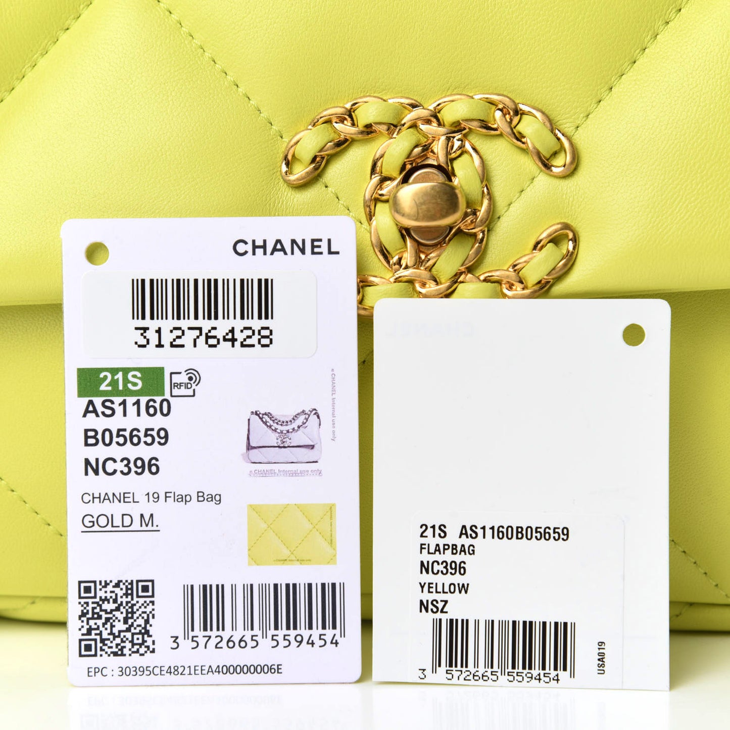 Shiny Lambskin Quilted Medium Chanel 19 Flap Neon Yellow