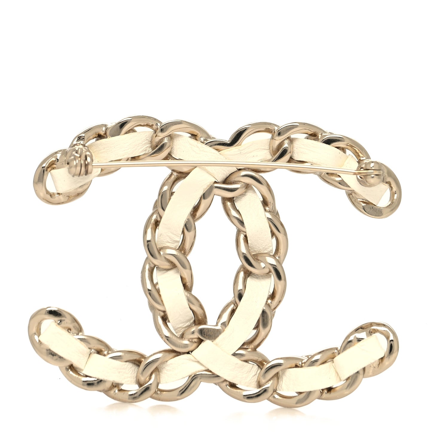 Lambskin Pearl Chain CC Brooch Gold White