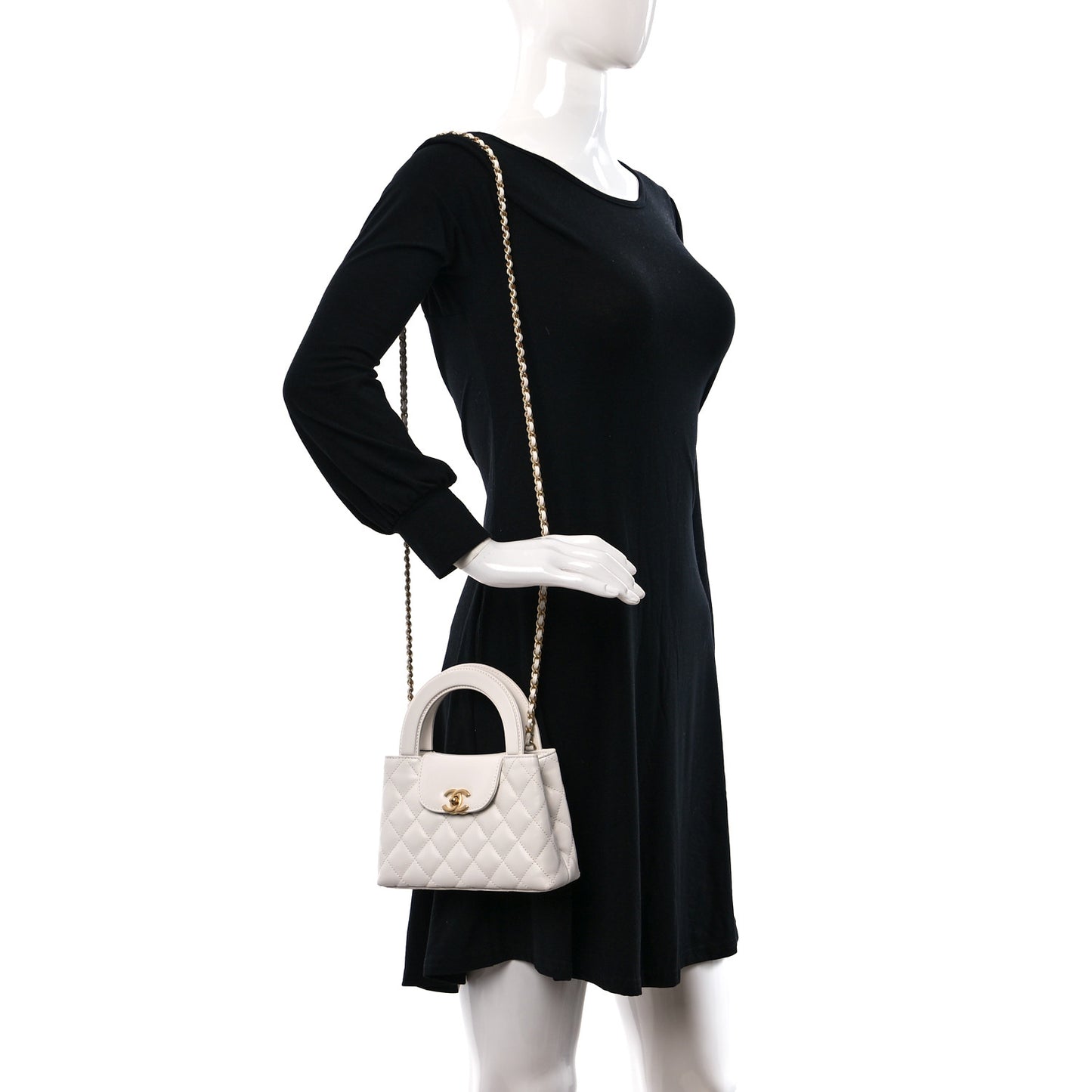 Shiny Aged Calfskin Quilted Nano Kelly Shopper White