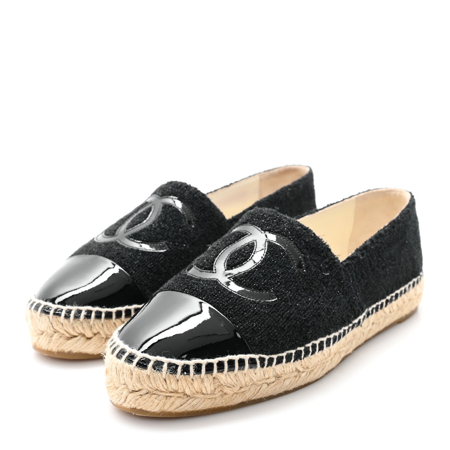 Chanel Tweed Lambskin Patent CC Espadrilles 37 Black 4 of 11