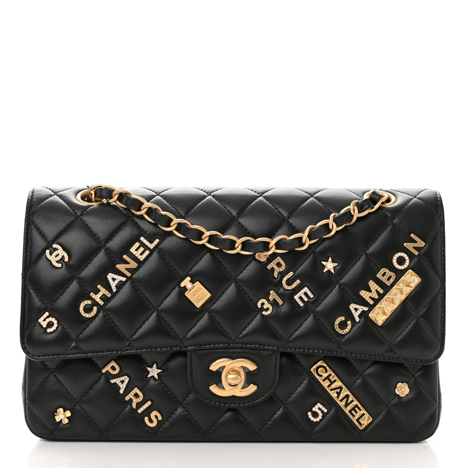 【今だけお値引中！！】CHANEL RUE CAMBON PARIS Chanel Lambskin Quilted Medium Rue Cambon Charms Double Flap Black