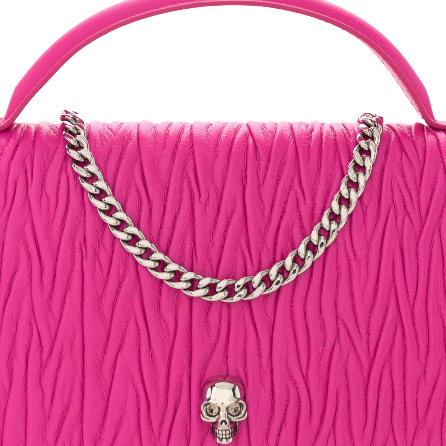 Lambskin Pleated Skull Medium Chain Crossbody Bag Fuchsia