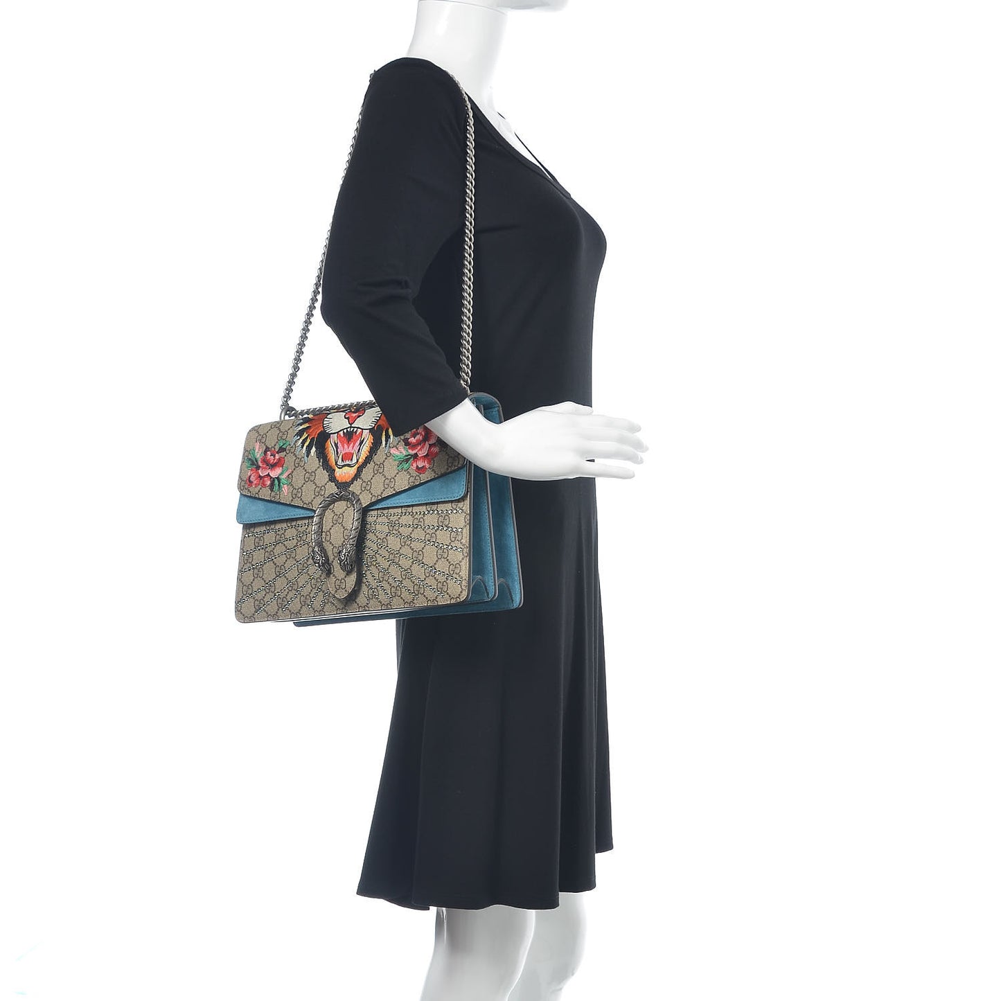 GG Supreme Monogram Angry Cat Embroidered Medium Dionysus Shoulder Bag Beige Ultramarine