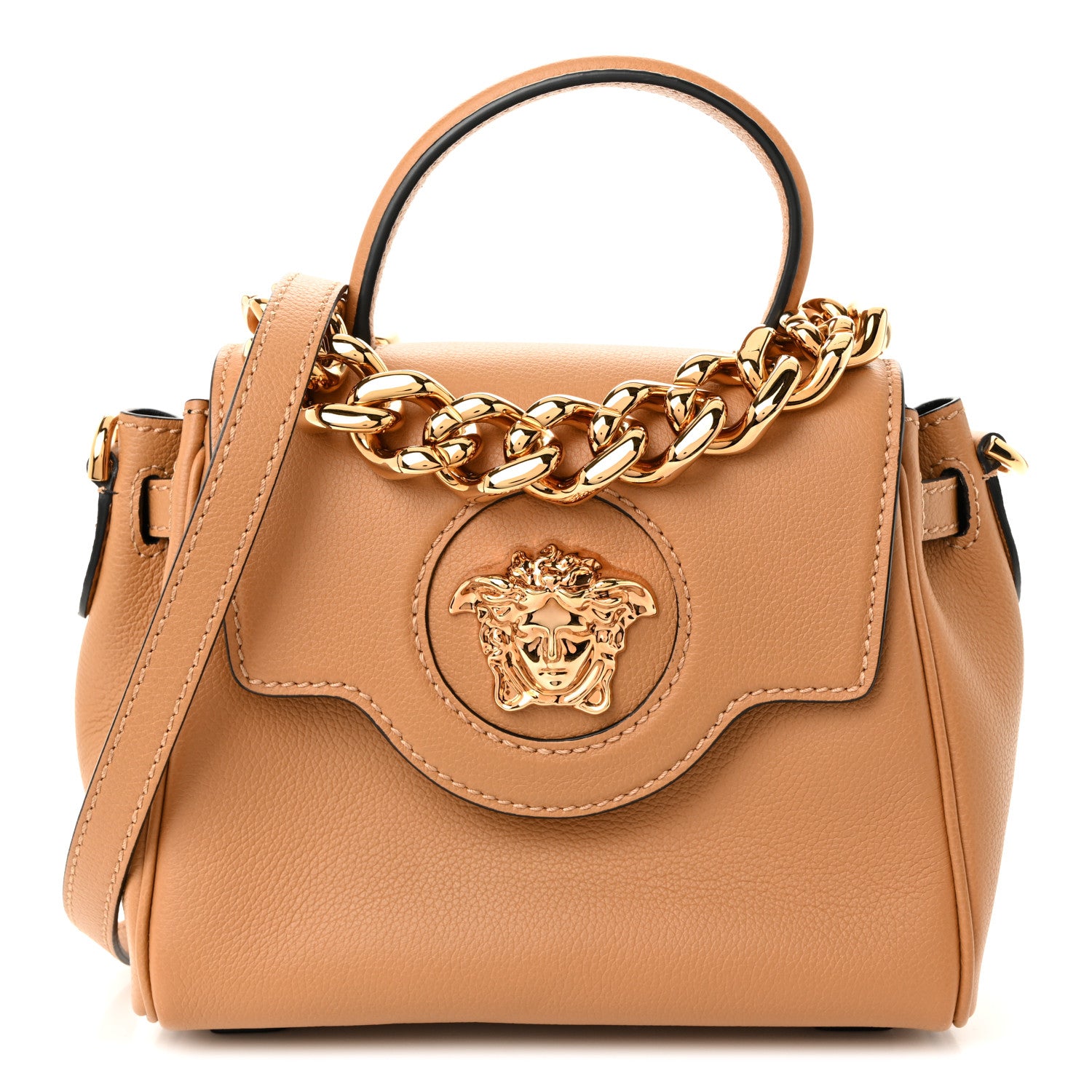 Versace Grained Calfskin Small La Medusa Top Handle Bag Brown
