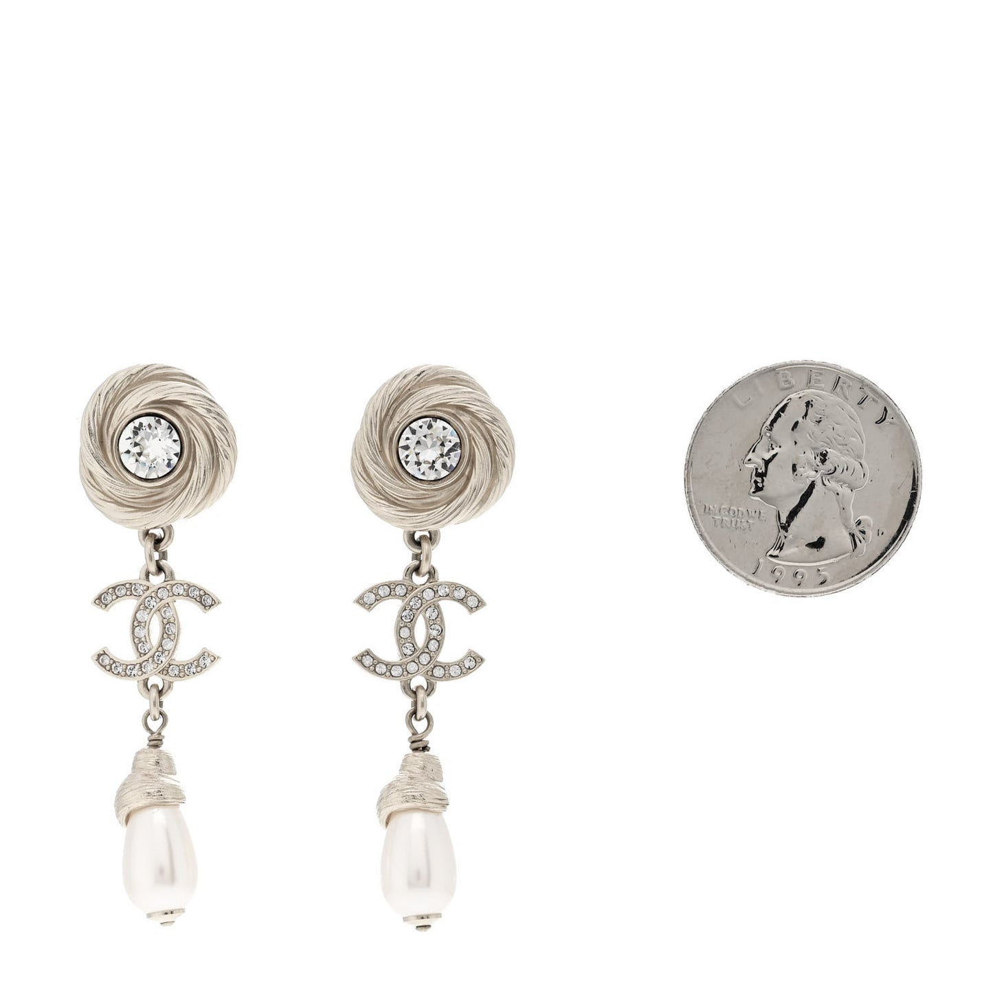 Metal Crystal Pearl Flower CC Drop Earrings Gold White