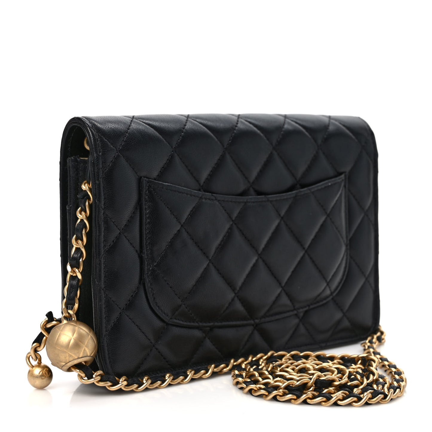 Lambskin Quilted Pearl Crush Wallet On Chain WOC Black
