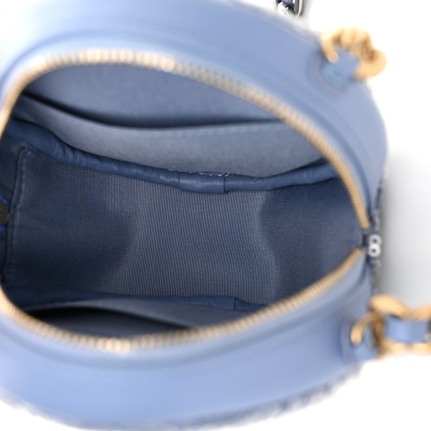 Sequin Chanel 19 Round Clutch With Chain Light Blue