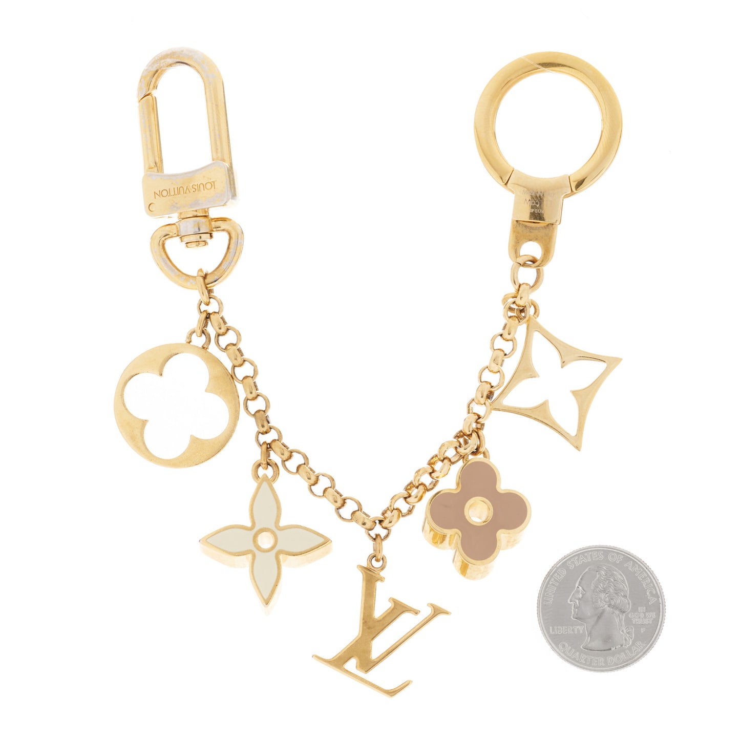 Brass Enamel Fleur De Monogram Bag Charm Chain Gold
