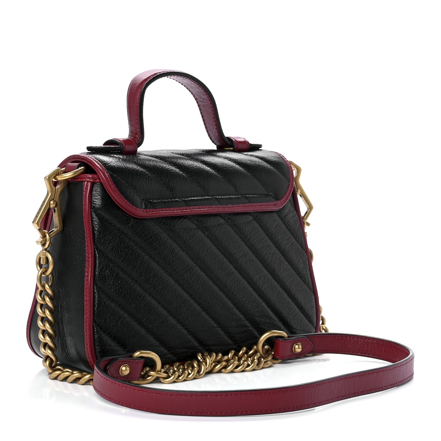 Gucci Vintage Effect Calfskin Matelasse Diagonal Mini Torchon GG Marmont Top Handle Shoulder Bag Black Romantic Cherry 3 of 12