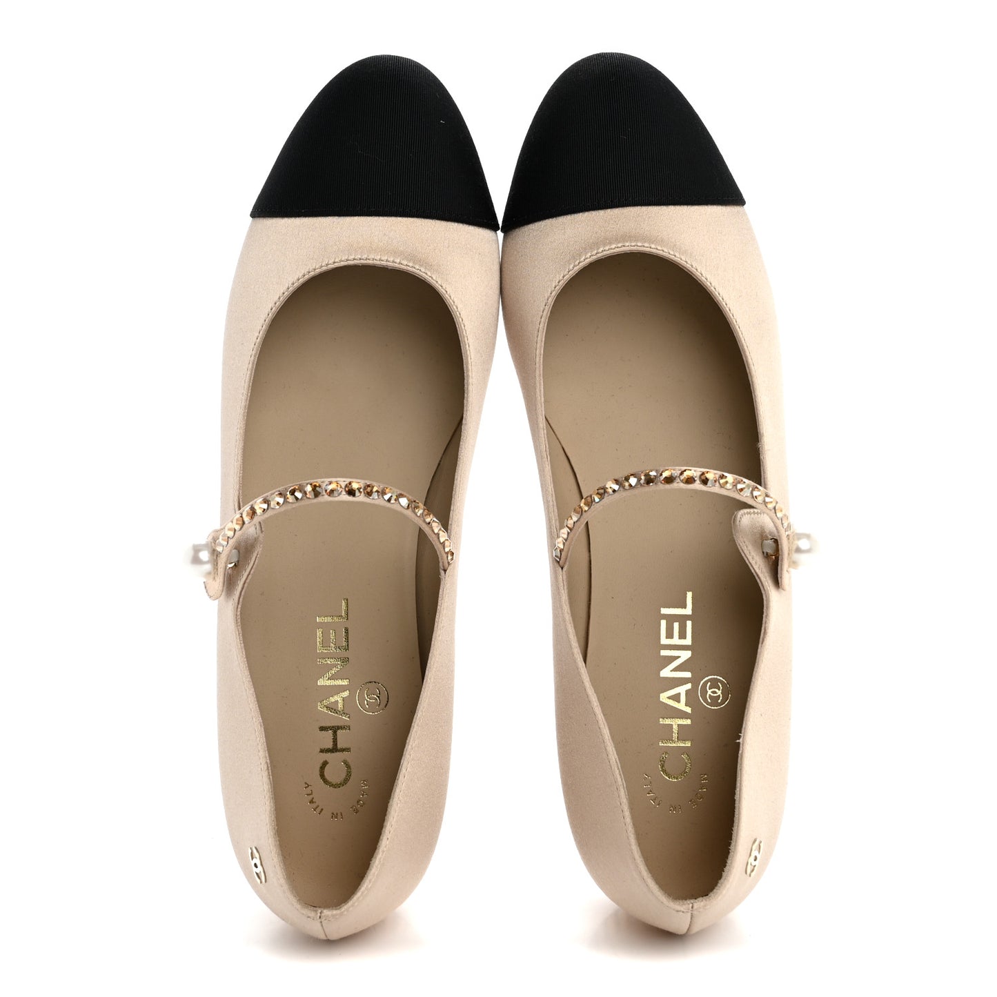 Strass Satin Grosgrain Mary Jane Flats 38.5 Beige Black