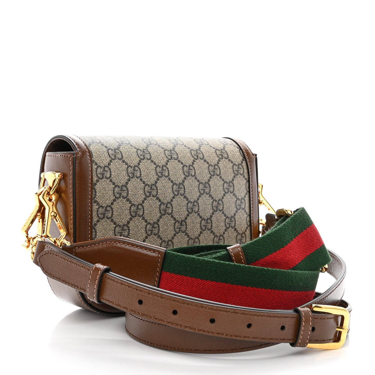 GG Supreme Monogram Azalea Calfskin Web Mini Horsebit 1955 Shoulder Bag Beige Ebony Brown Sugar