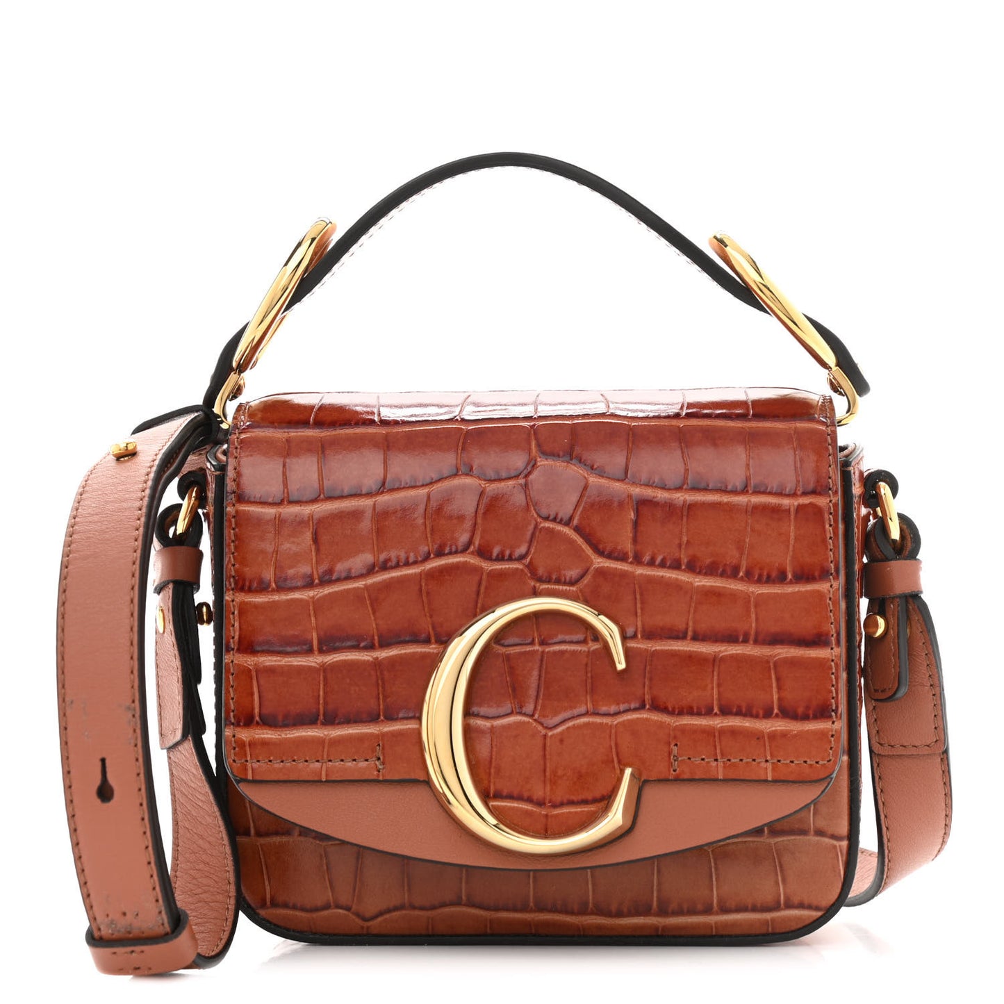 Calfskin Crocodile Embossed Mini C Double Carry Chestnut Brown