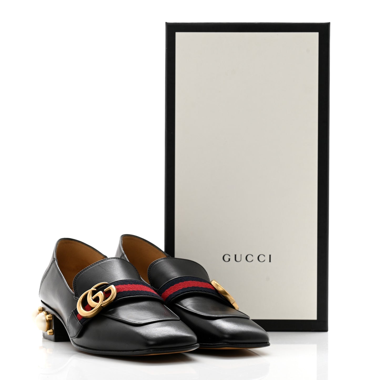 Betis Glamour Calfskin Web Pearl Embellished Peyton 35mm Loafer Pumps 36 Black