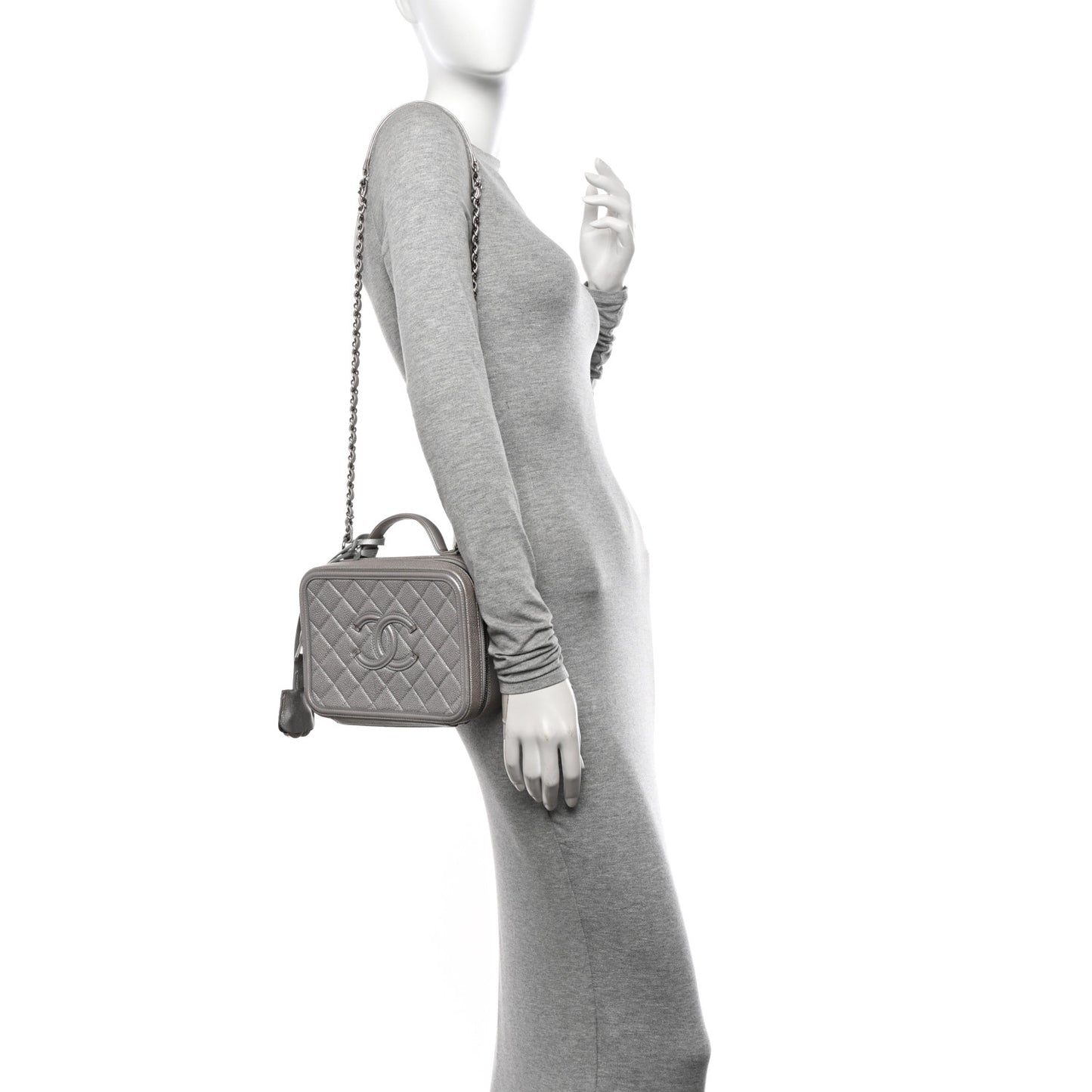 Metallic Caviar Quilted Medium CC Filigree Vanity Case Silver