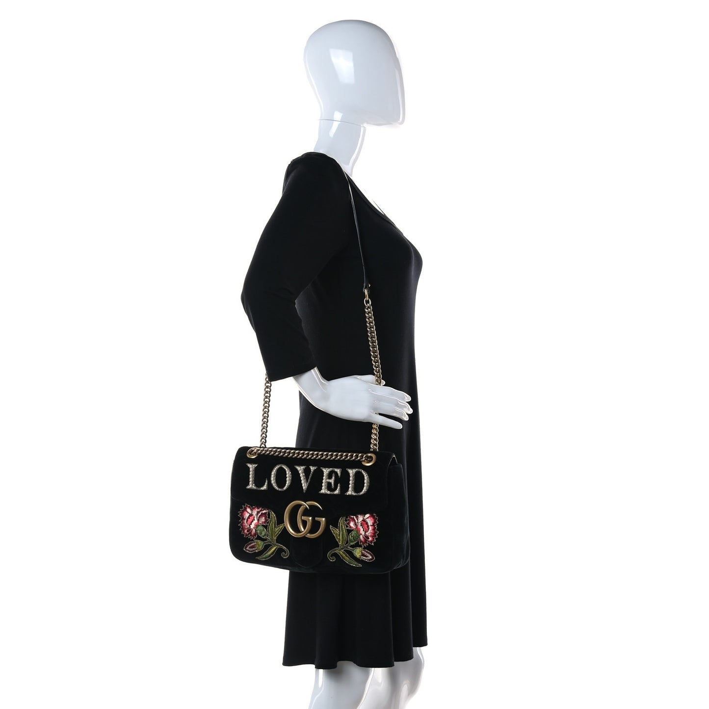 Velvet Matelasse Loved Embroidered Medium GG Marmont Shoulder Bag Black