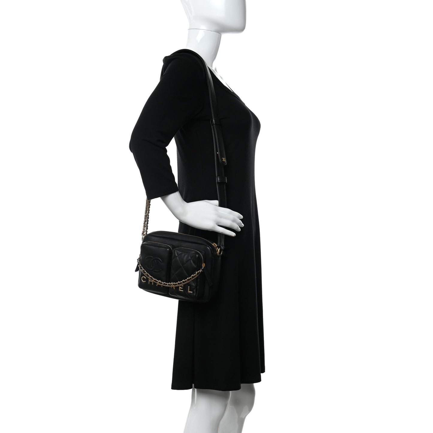 Calfskin Quilted Small Camera Case Black