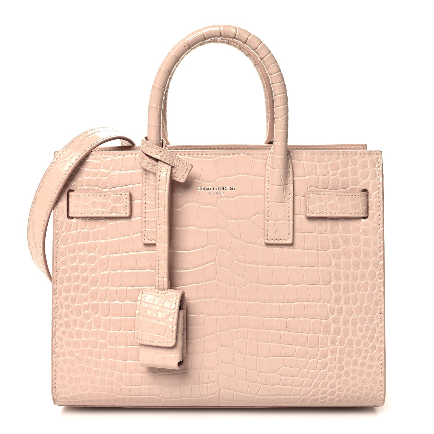 Saint Laurent Calfskin Crocodile Embossed Nano Sac De Jour Rose