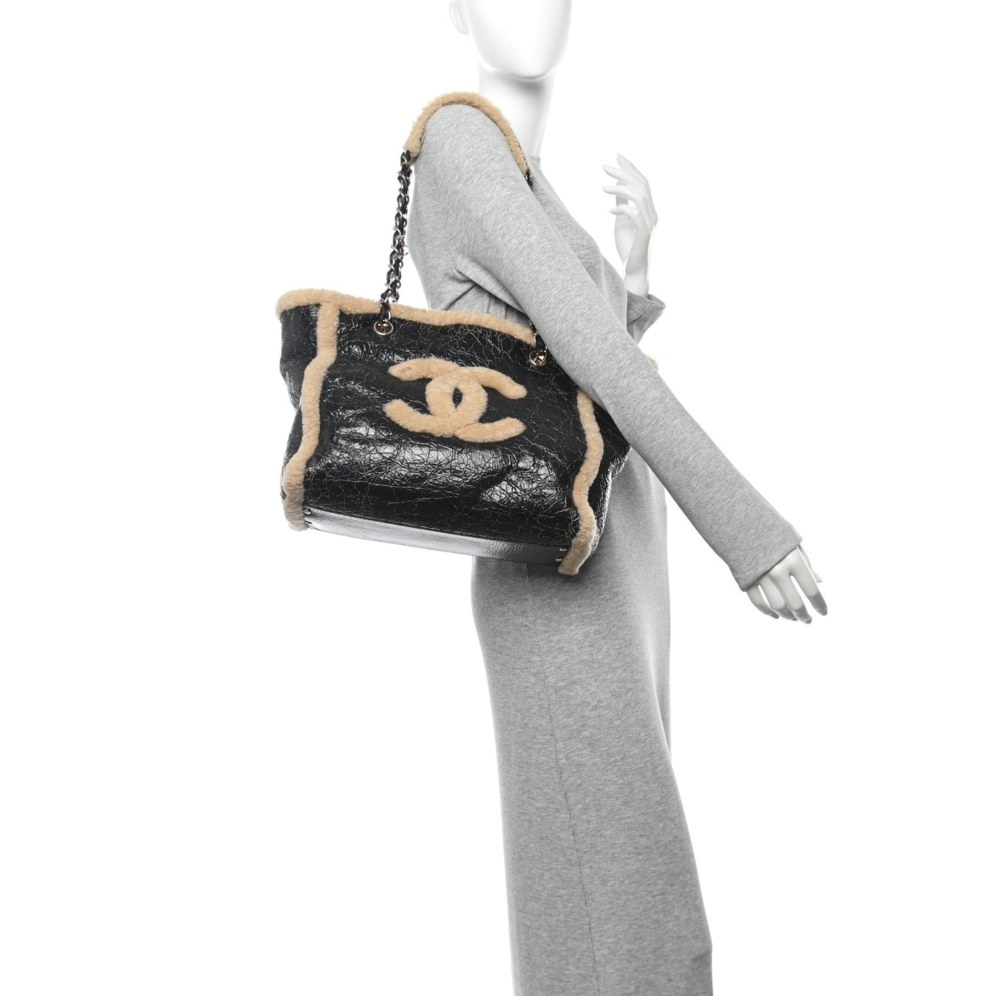 Shiny Crumpled Sheepskin Shearling CC Mania Tote Bag Black Beige