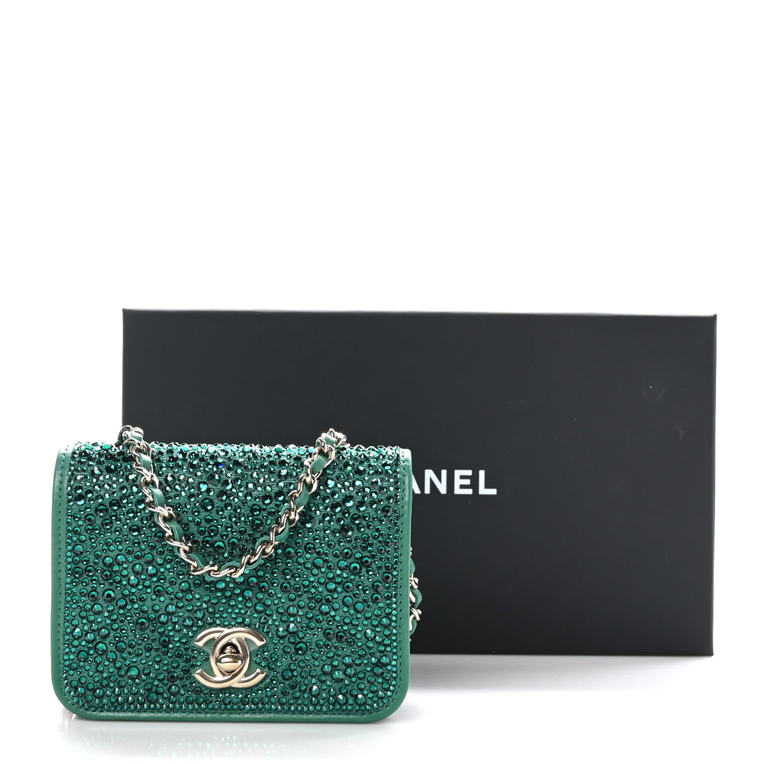 Chanel Lambskin Crystal Diamante Clutch With Chain Green 12 of 12