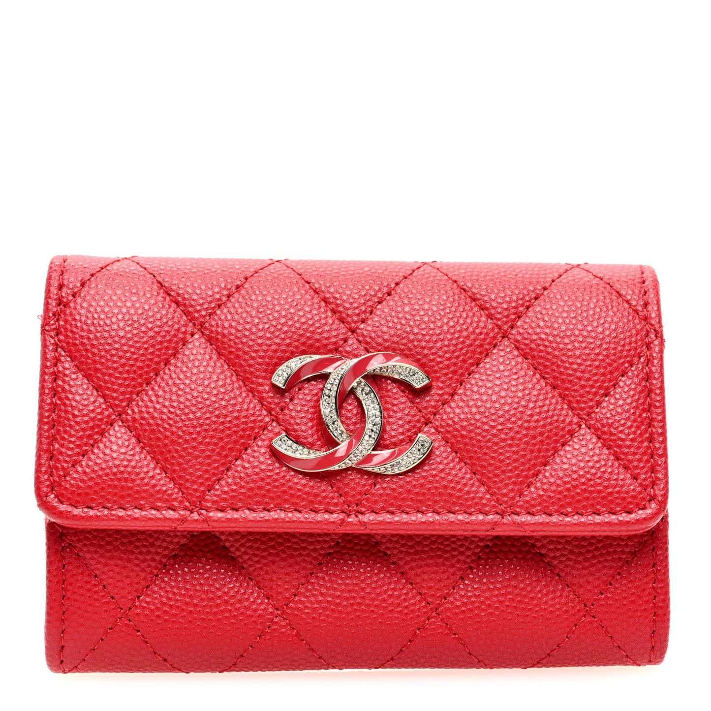 Caviar Quilted Crystal Enamel CC Card Holder Red