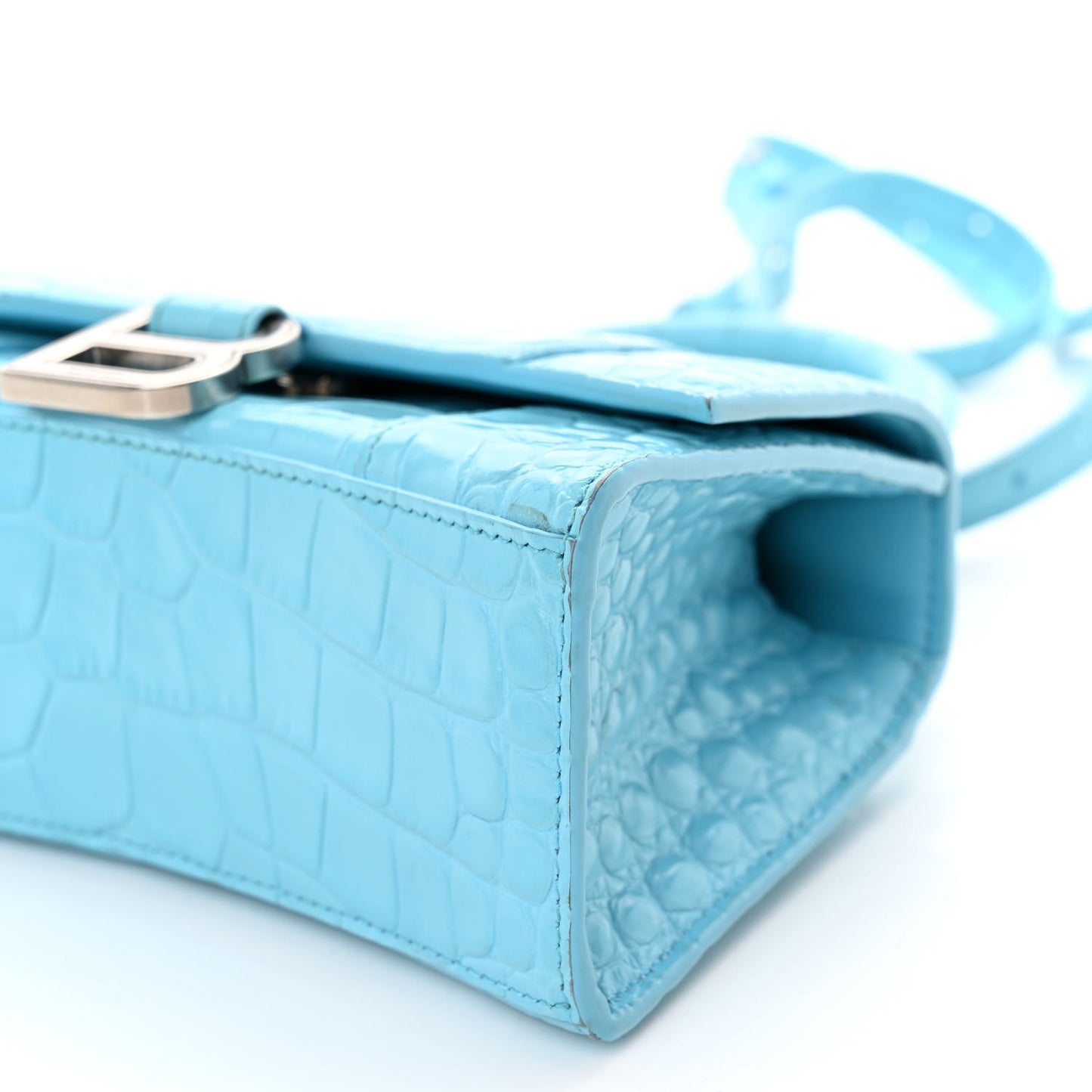 Shiny Calfskin Crocodile Embossed Hourglass Top Handle Bag XS Bright Bleu