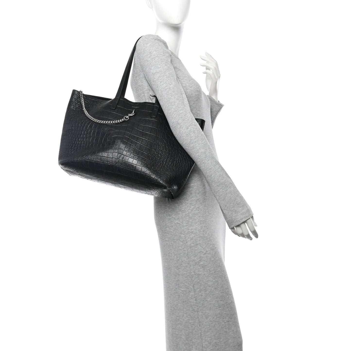 Calfskin Crocodile Embossed Shopping Tote Black