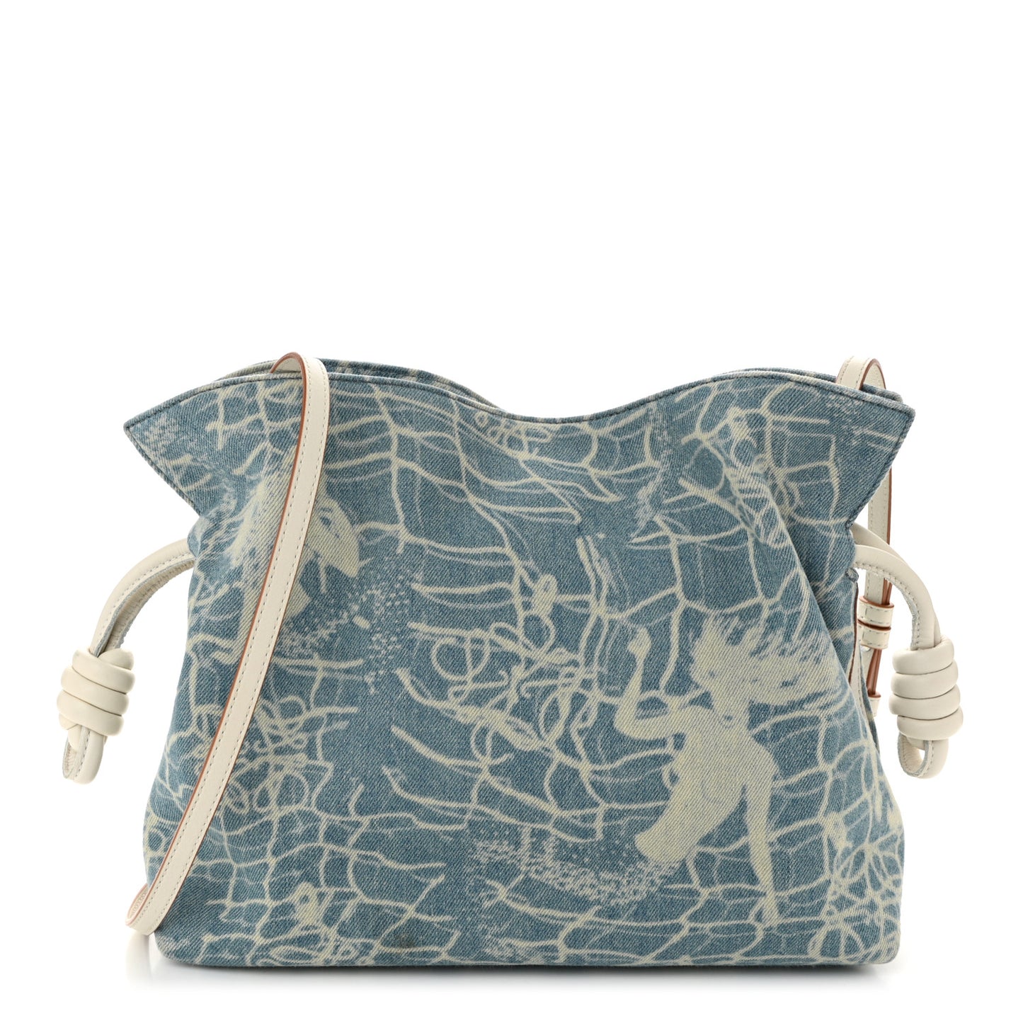Denim Calfskin Mermaid Print Paula's Ibiza Flamenco Knot Bag Blue Tan