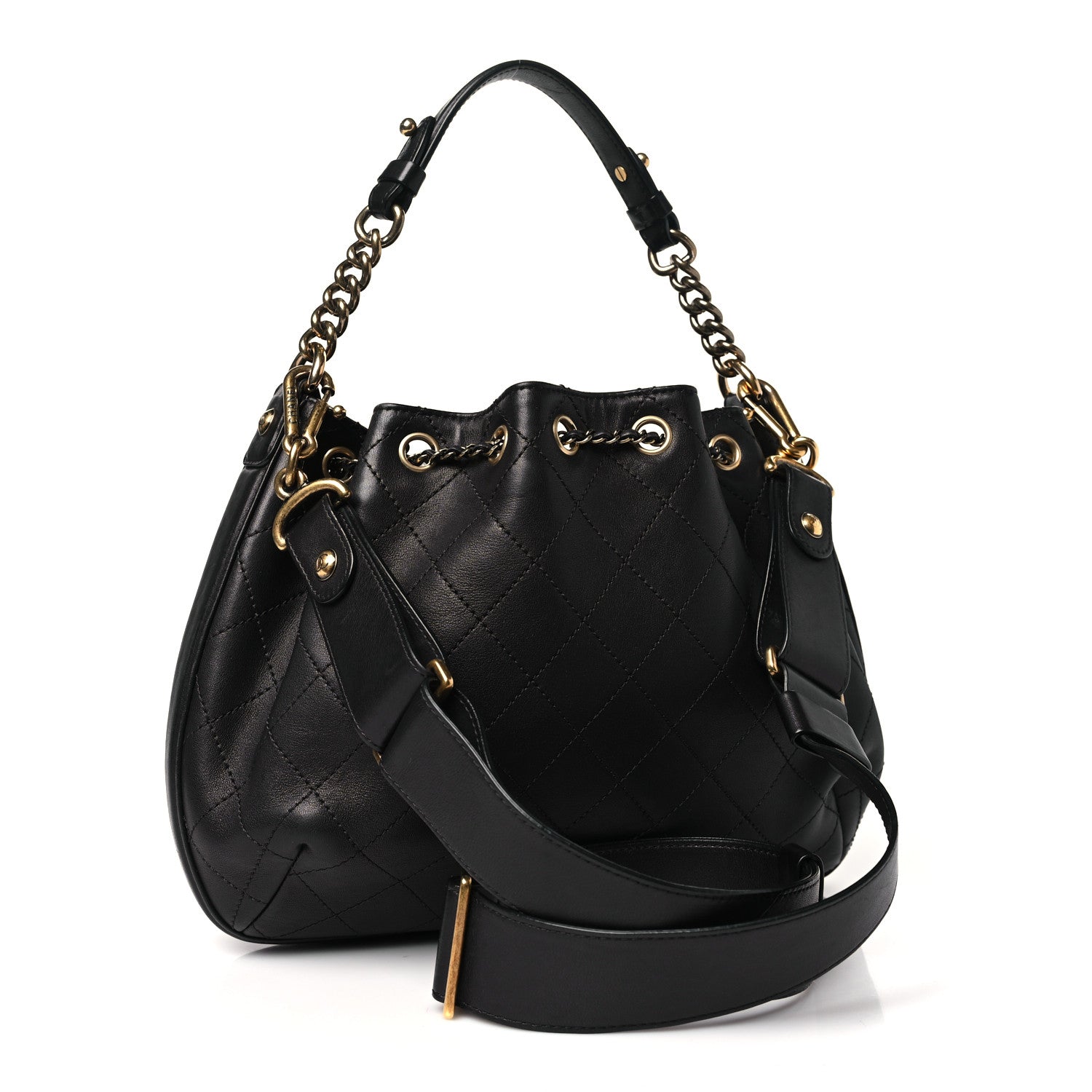 Chanel Calfskin Stitched Small Paris Rome Drawstring CC Bag Black 3 of 10
