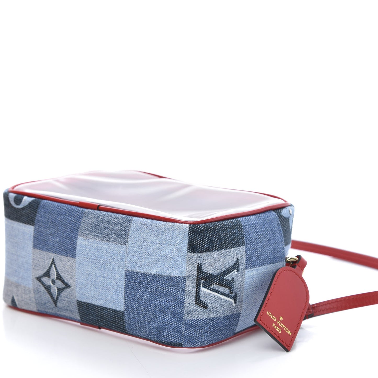 Denim Damier Monogram Patchwork PVC Beach Pouch Blue Rouge