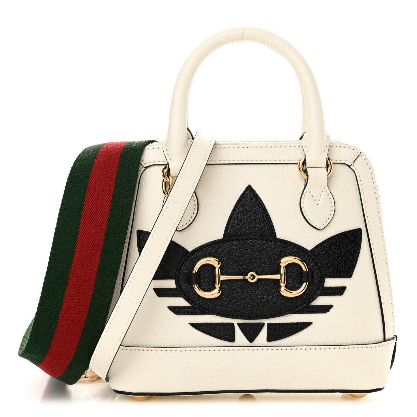 X ADIDAS Textured Dollar Calfskin Web Trefoil Mini Horsebit 1955 Top Handle Bag Off White Black