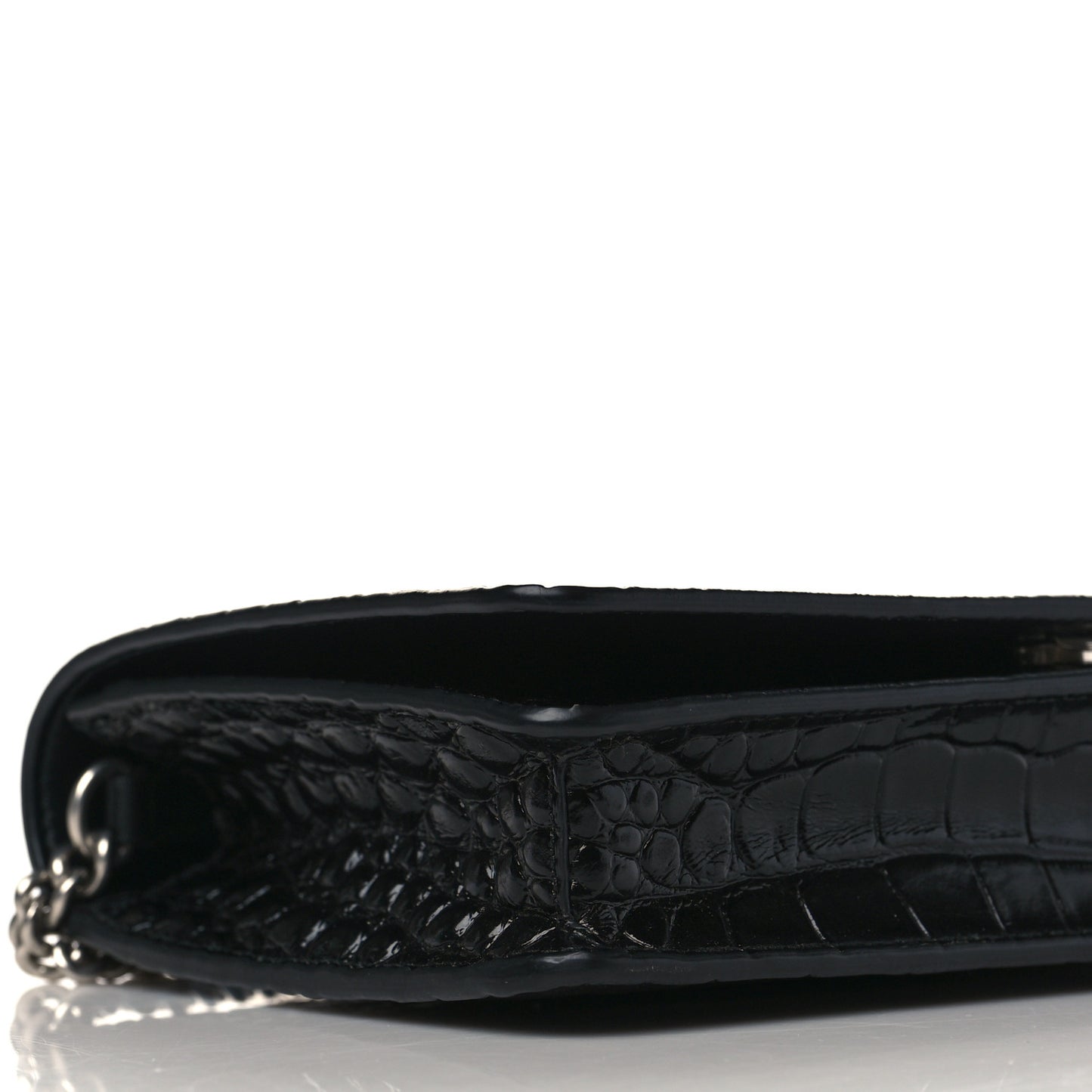 Shiny Calfskin Logo Crocodile Embossed Ville Wallet on Chain Black