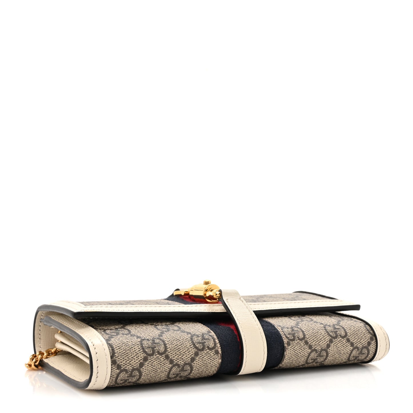 GG Supreme Monogram Textured Calfskin Web Jackie 1961 Chain Wallet Beige Ebony Mystic White